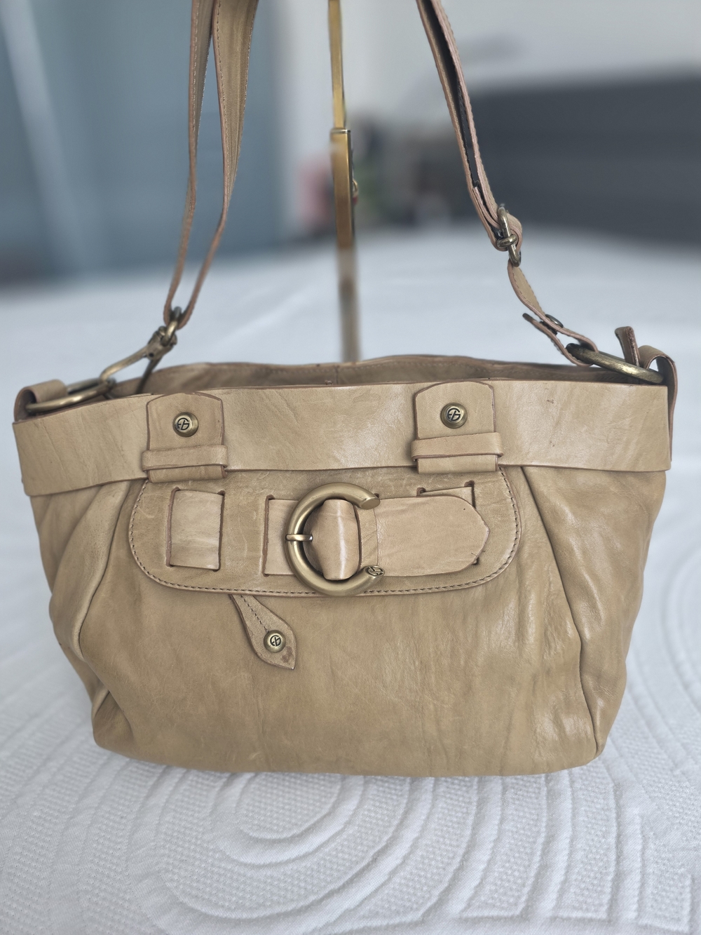 Francesco Biasia Tan Leather Shoulder Bag with Brass Buckle